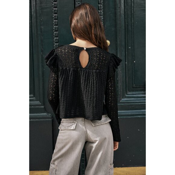 Zara Black Pointelle Ruffle Long Sleeve Semi Crop Top - Picture 4 of 10